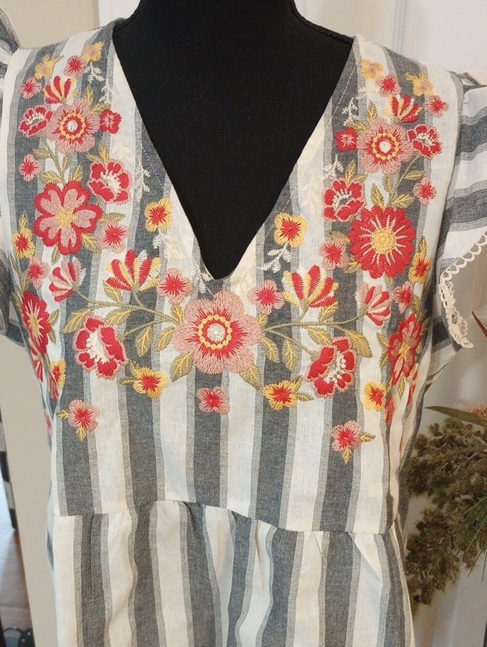 Savanna Jane Gray & White Striped V-Neck Tunic with Pink Floral Embroidery